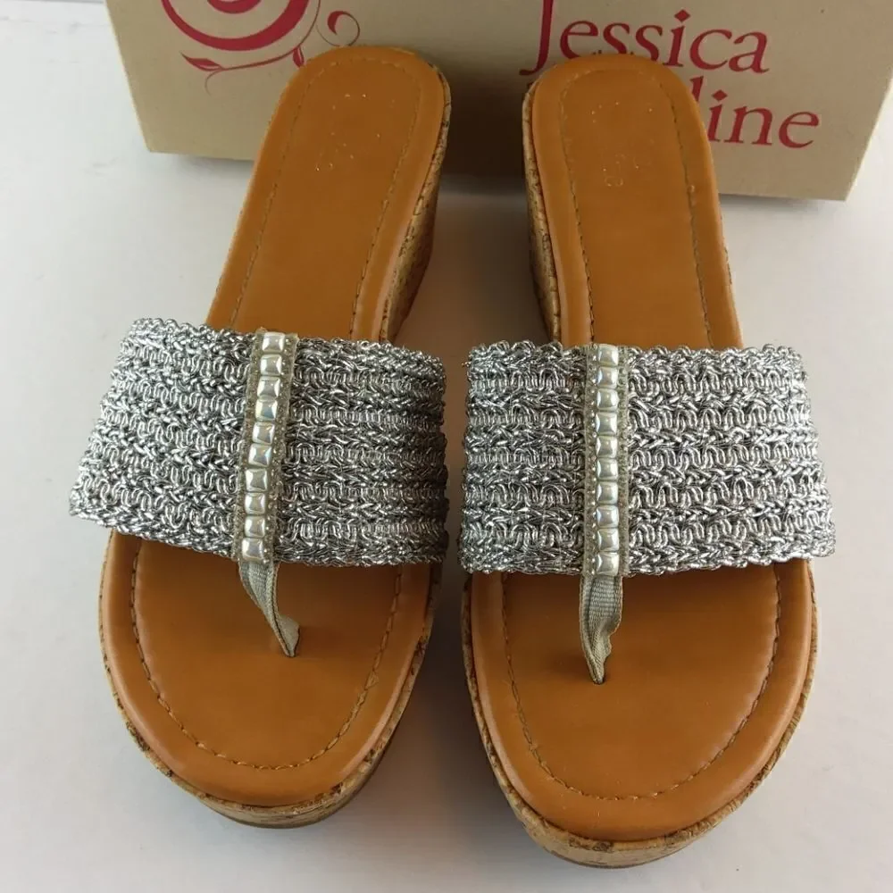 Jessica Cline Debut silver cork wedge heel slides